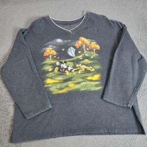 Disney Shirt Womens 2X Gray V Neck Long Sleeve Mickey Pluto Fall Graphic Tee